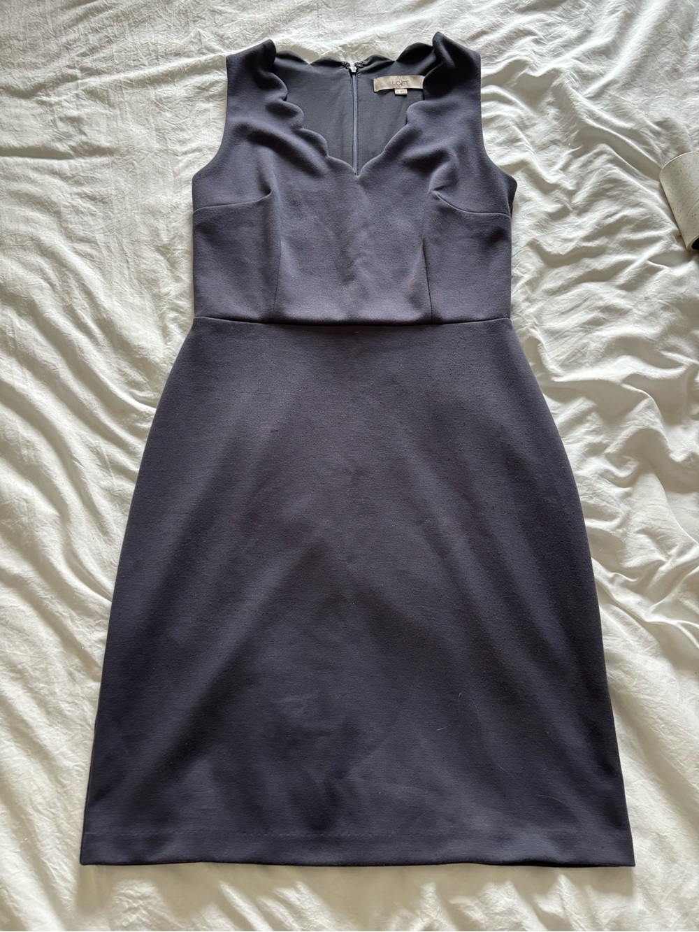 LOFT Gray Scalloped V-Neck Sheath Dress with Feminine Trim